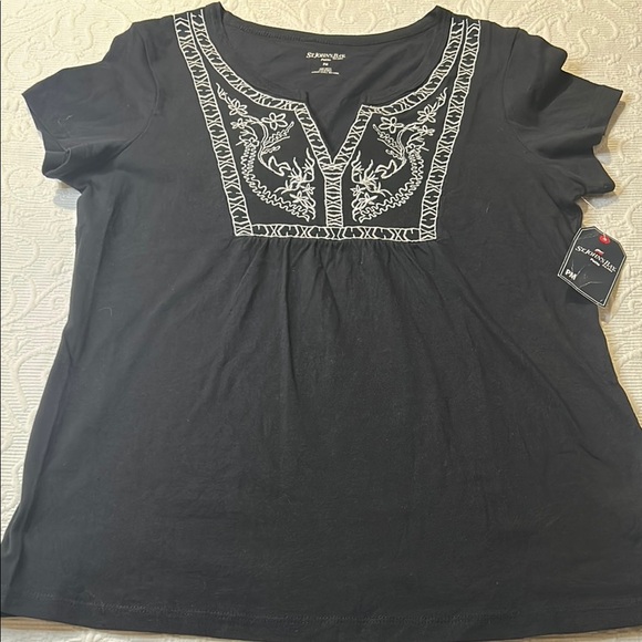 St. John's Bay Black Blouse with White Embroidery Top. NWT. PM - Picture 5 of 8